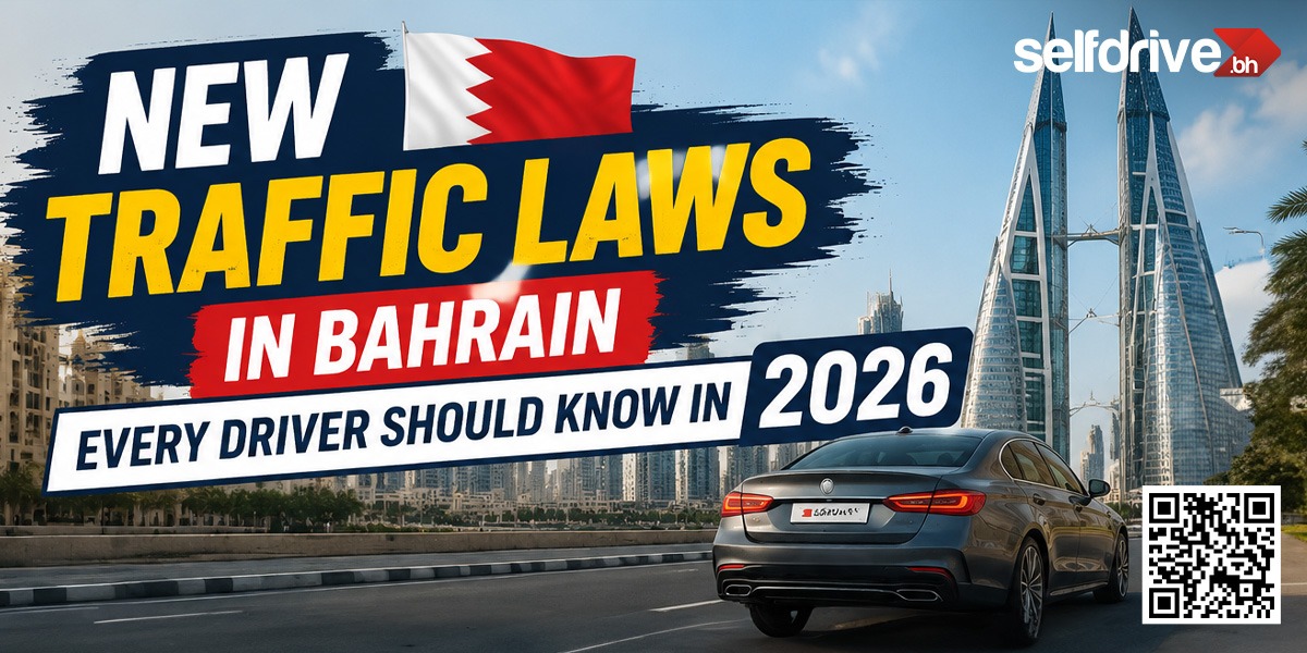 Promotional image for new traffic laws in Bahrain, effective 2026. Shows a car on a road, Bahrain World Trade Center in background, and bold text.